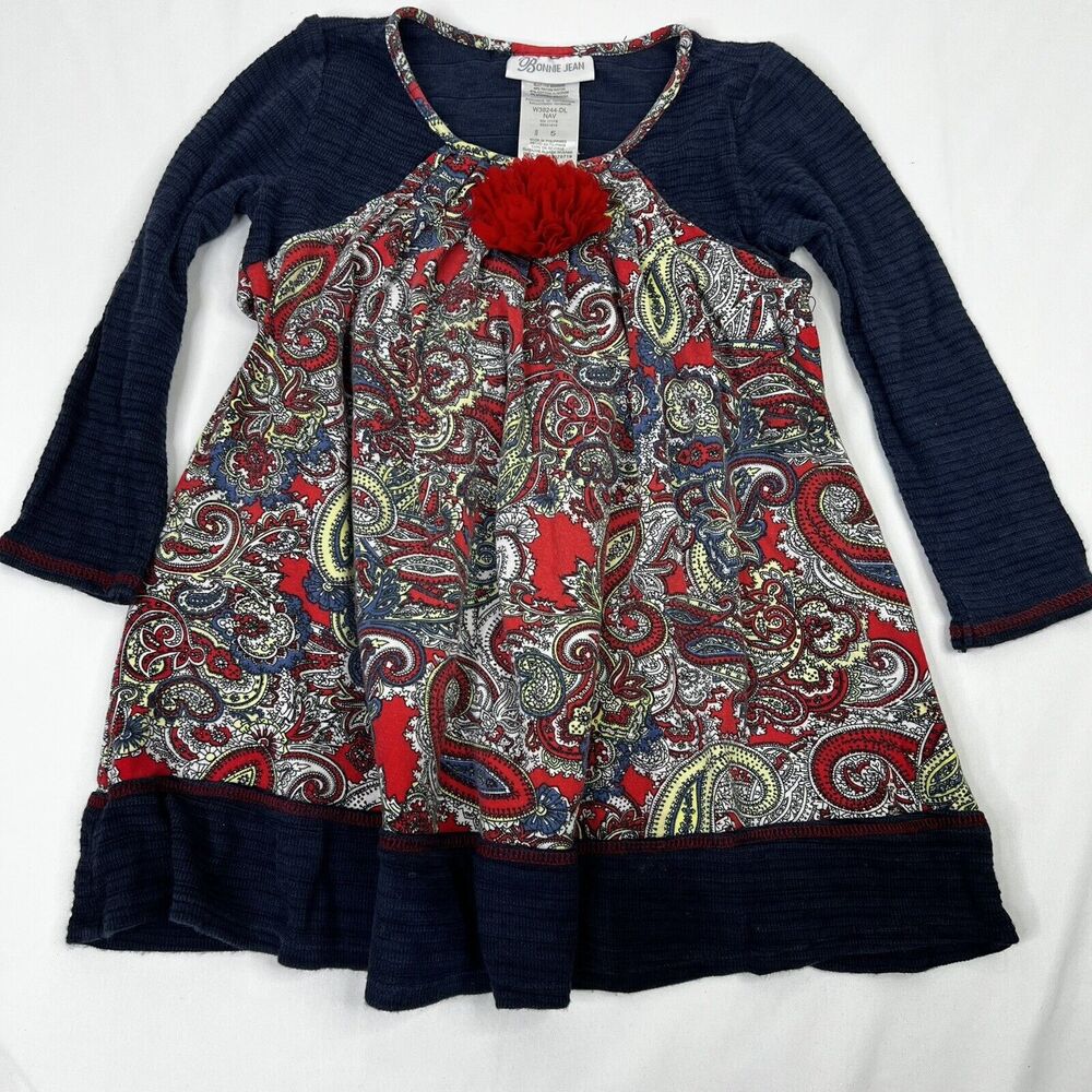 Bonnie Jean blue Paisley Red Flower Holiday Long Sleeve Dress Size 5